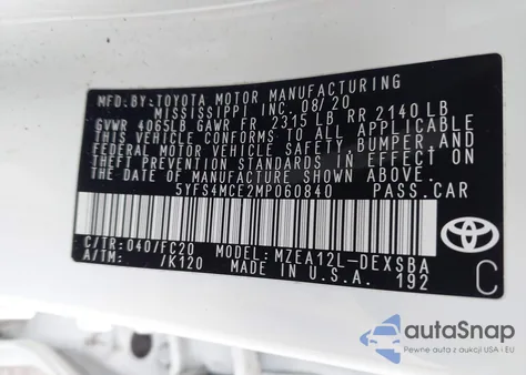 2021 Toyota Corolla Se z USA, uszkodzony, nr VIN 5YFS4MCE2MP060840